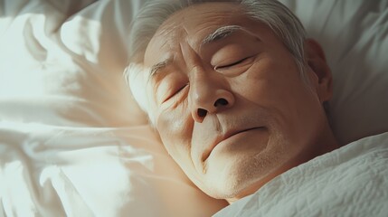 80-year-old Japanese man sleeping in white bed
