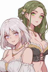Two Anime Girls with White and Green Hair, Fantasy Illustration