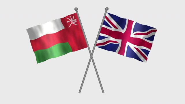 Flag of Oman and UK, Cross table flag of Oman and UK on white screen, Oman and UK 3D Animation flag waving in the wind isolated on white Background. 
