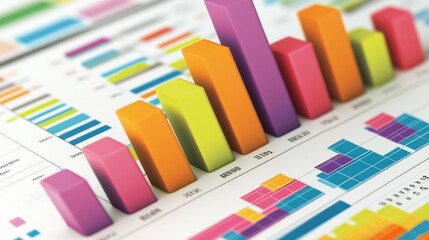 Colorful bar graphs and charts illustrating data analysis and trends.
