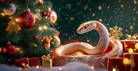 Obraz premium Snake next to the Christmas tree