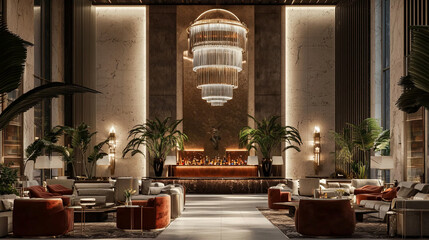 A grand hotel lobby featuring high ceilings luxury