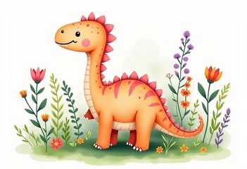 Naklejka premium Delightful Watercolor Illustration of Dinosaurs Among Wildflowers, Capturing the Joy of Childhood in a Bohemian Style