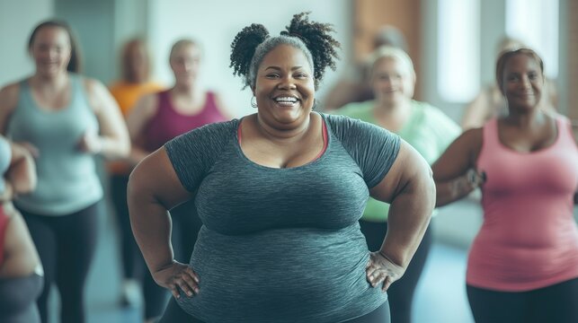 A group of obese individuals participating in a supportive group fitness class, performing gentle cardio exercises led by an energetic instructor