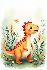 Whimsical Watercolor Dinosaurs in a Colorful Wildflower Setting, Featuring Pastel Boho Style for Playful Children's Art