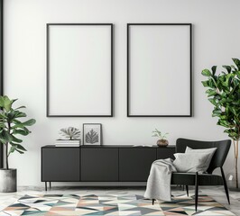 「モダンなリビングルームインテリア。壁に飾られた2つの黒いフレームのモックアップ。黒いサイドボードとアームチェアを備えたミニマルなリビングルームデザイン」