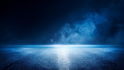 Naklejka premium Dark blue empty street with smoke, dark blue background empty dark scene neon light with spotlights.Generative AI
