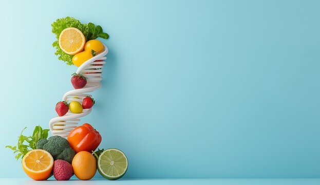 Colorful fruits and vegetables arranged in a DNA spiral on a blue background.