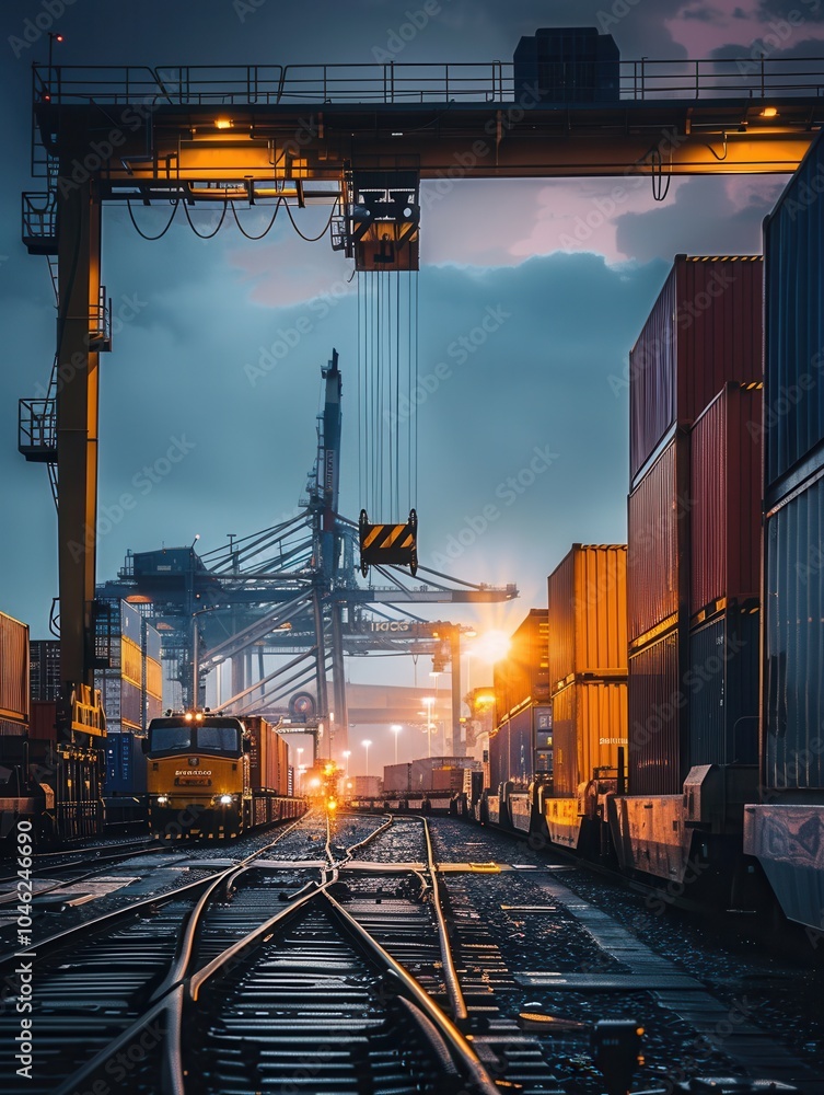 Poster Containers are being efficiently loaded from a truck onto a train, showcasing modern transport integration in a twilight setting. Generative AI
