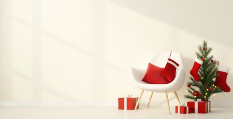 Cozy Christmas corner with a chair, stockings, and a decorated tree, white isolate background.