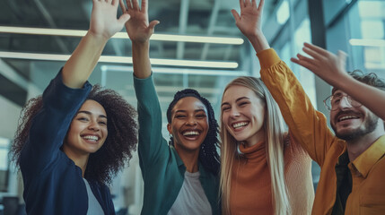 Fototapeta premium Portrait of a diverse team smiling and high-fiving, showing teamwork and unity, modern office background