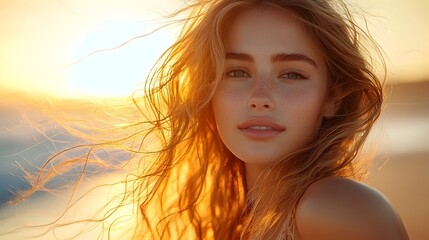 Captivating Woman in Sundress Caught in Warm Sunset Beach Breeze with Flowing Hair