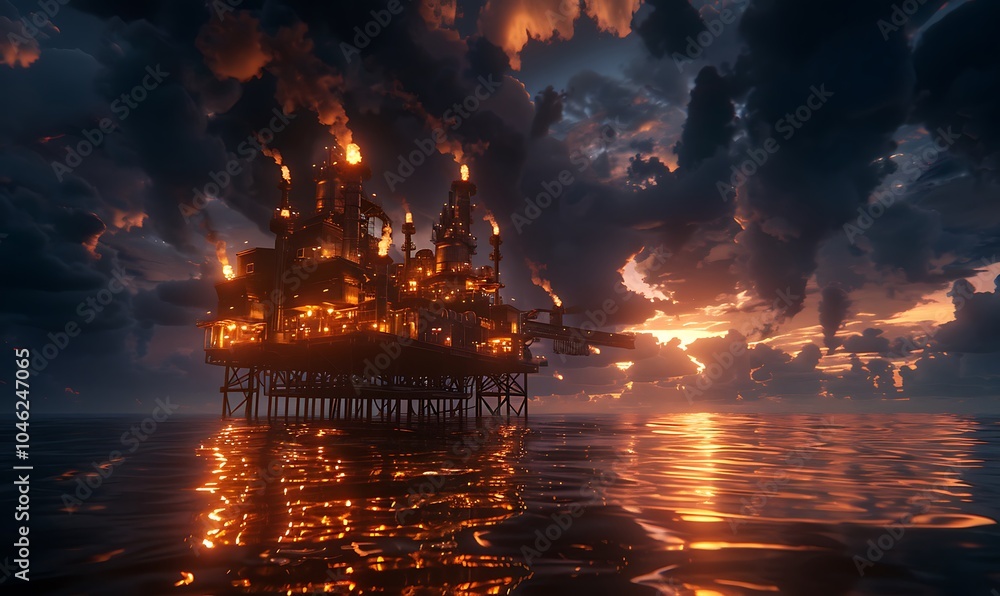 Aufkleber High-Tech Offshore Oil Platform Refining Fossil Fuels with AI-Driven Systems and Oceanic Reflections