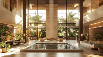 A grand hotel lobby with a modern design