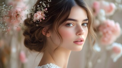 Elegant Floral Updo Side Profile with Muted Pastel Background