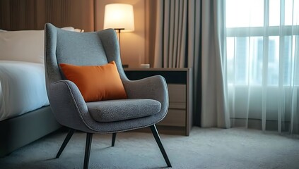 Modern Bedroom with Cozy Accent Chair and Warm Lighting