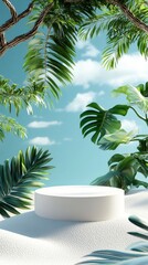 Tropical paradise product display: white circular podium surrounded by lush palm fronds and...