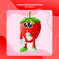 Cute strawberry character drinking a green smoothie with a straw