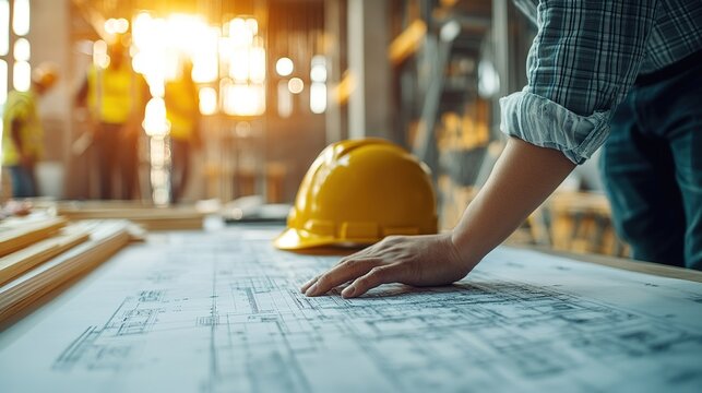construction meeting with an engineer and site manager discussing key project milestones, reviewing blueprints, and coordinating tasks with the team
