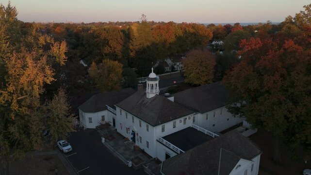 autumn descending shot of Old Town Hall of Fairfield Connecticut