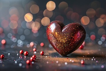 Fototapeta premium Glossy chocolate heart decorated with gold glitter sits on a dark surface surrounded by red beads under warm bokeh lights.