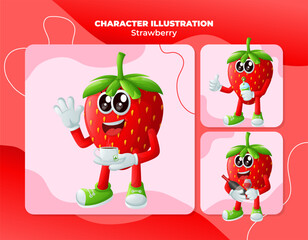 Cute strawberry characters enjoying beverages