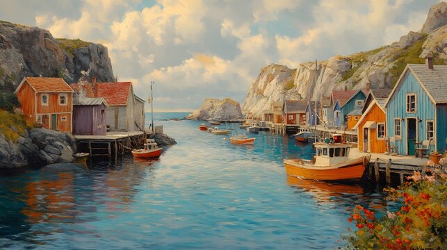 A coastal fishing town with colorful wooden shacks lining the harbor, fishing boats gently swaying in the water, and rocky cliffs framing the scene.