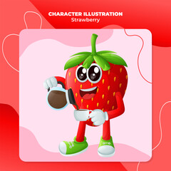 Cute strawberry character pouring coffee