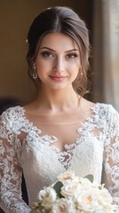 Fototapeta premium Beautiful bride full body portrait in wedding dresses 