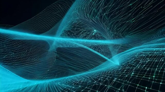 abstract 4K video loop showcases dynamic swirl fractal wireframe grids glowing waves blue green particles creating visually captivating design Christmas winter es wave cyberspace motion mesh particle