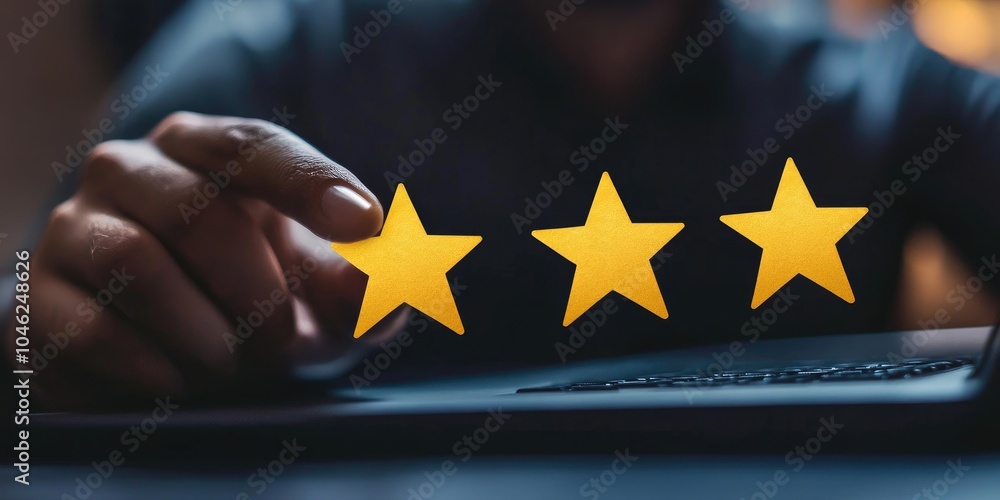 Poster Customer review satisfaction feedback survey concept, User give rating to service experience on online application, Customer can evaluate quality of service leading to re