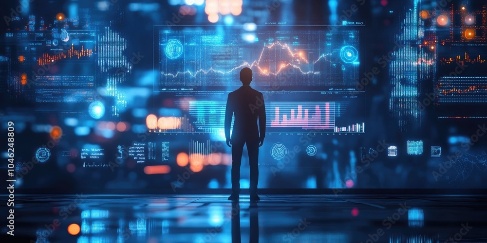 Fototapete Big data analytics and business intelligence concept with chart and graph icons on a digital screen interface and a businessman in background