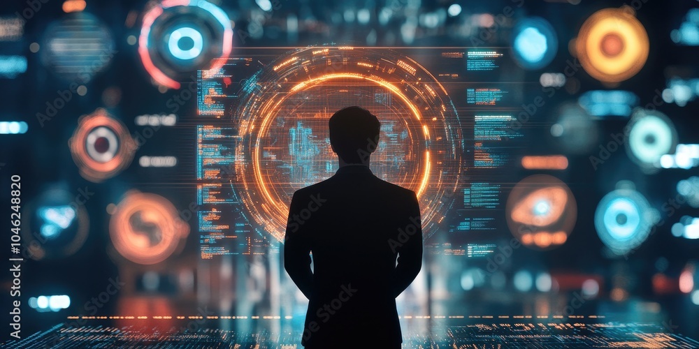 Fototapete Big data analytics and business intelligence concept with chart and graph icons on a digital screen interface and a businessman in background