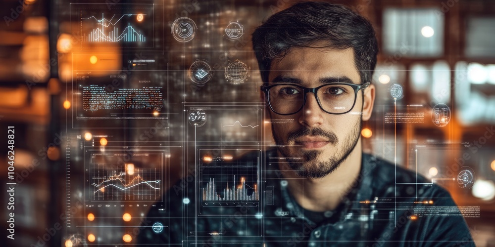 Poster Big data analytics and business intelligence concept with chart and graph icons on a digital screen interface and a businessman in background