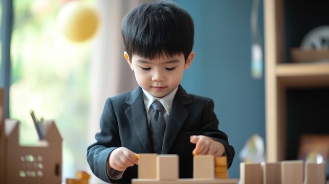 A kindergarten entrepreneur wearing a business suit, setting up a pretend product display, ready to 'pitch' their business idea