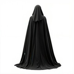 Naklejka premium Mysterious figure in a black cloak, white isolate background