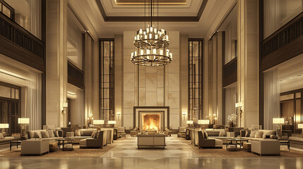 A grand hotel lobby with high ceilings modern chandeliers