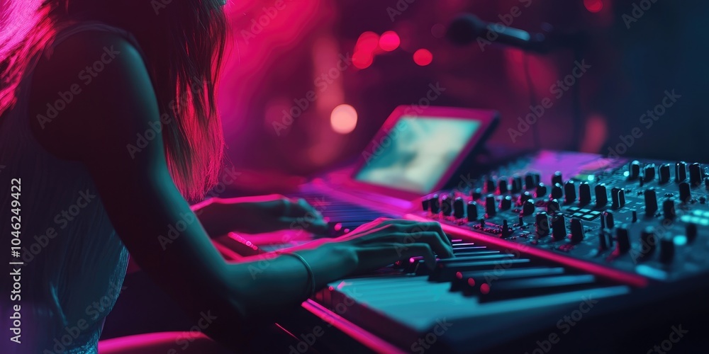 Poster woman using mouse and keyboard for streaming online on virtual screen, watching video on internet, l