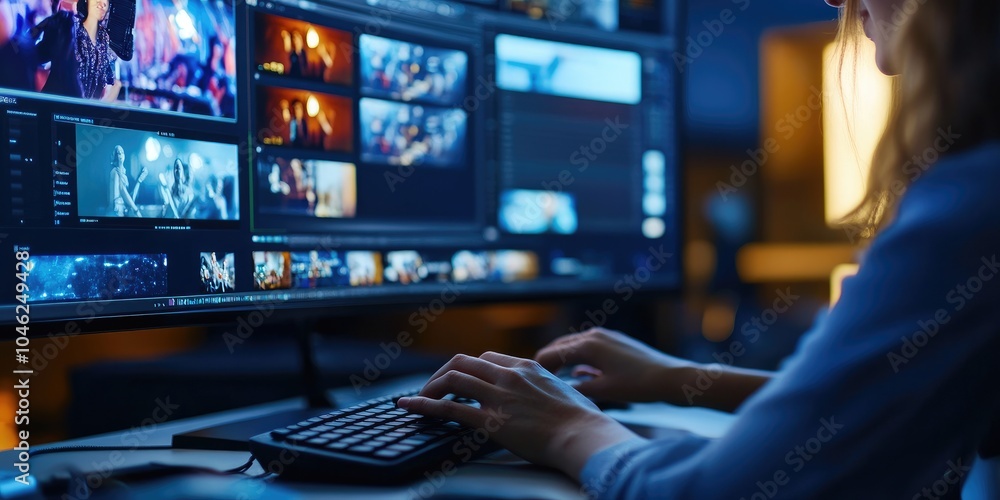 Poster woman using mouse and keyboard for streaming online on virtual screen, watching video on internet, l