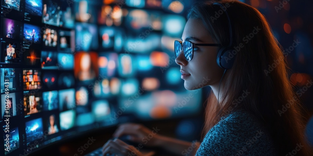Aufkleber woman using mouse and keyboard for streaming online on virtual screen, watching video on internet, live concert, show or tutorial, content online