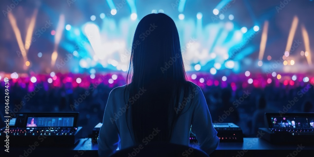 Poster woman using mouse and keyboard for streaming online on virtual screen, watching video on internet, live concert, show or tutorial, content online