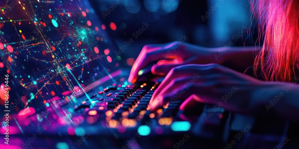 Poster woman using mouse and keyboard for streaming online on virtual screen, watching video on internet, l