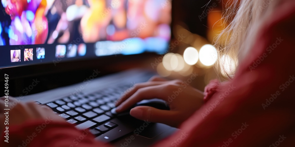 Aufkleber woman using mouse and keyboard for streaming online on virtual screen, watching video on internet, l
