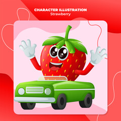 Cute strawberry character playing with car toy