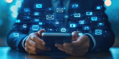 Customer support hotline Contact us people connection. Businessman using Smart Phone with the email, call phone, address, Chat message icons