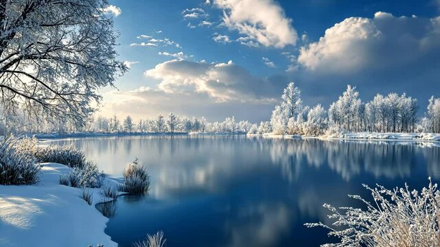 Frozen lakes, where the ice mirrors the sky and the snow softly rests on the surface, offer a quiet and contemplative winter scene. . Video