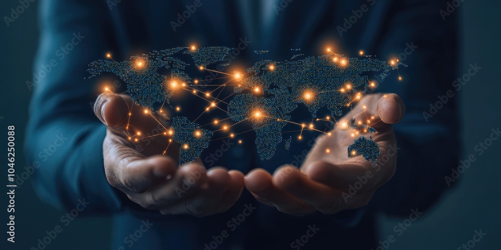 Poster businessman holding global network connection. big data analytics and business intelligence concept.