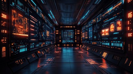 Futuristic corridor with illuminated panels and screens.