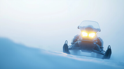 The snowmobile moves swiftly across snowy terrain,its bright headlights cutting through foggy atmosphere of a cold winter day,copy space