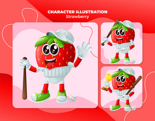 Cute strawberry characters playing baseball